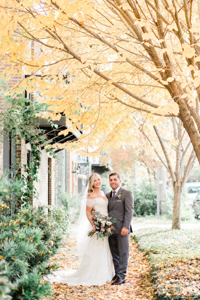 Bride and Groom fall leaves